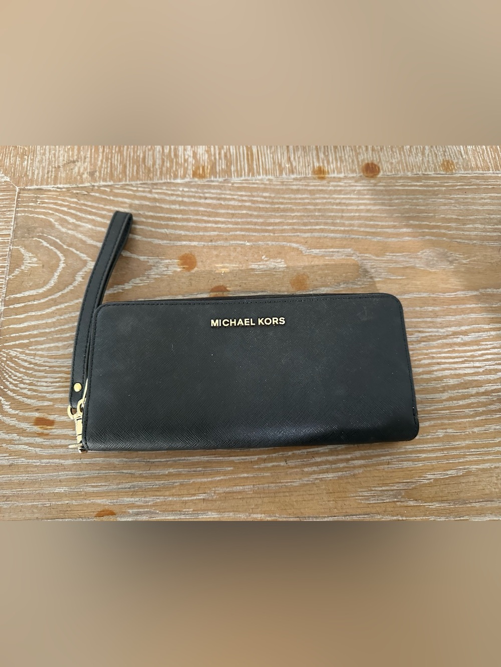 Michael Kors Black Leather Zip-Around Wallet with Gold Hardware VGUC
